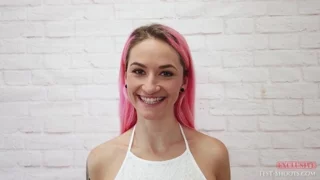 Nude video casting with long pink haired girl Adele frame 1